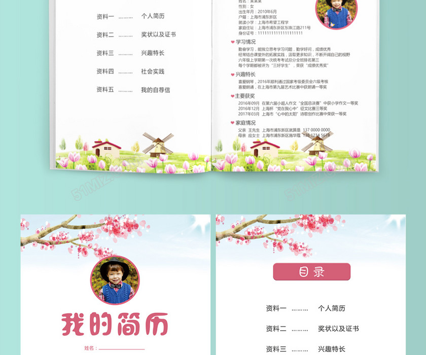 小学生粉色小升初简历psd Word 小学生粉色小升初简历psd Word