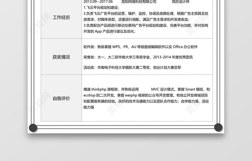 灰色简约大气程序员word格式简历表格模板 灰色简约大气程序员word格式简历表格模板