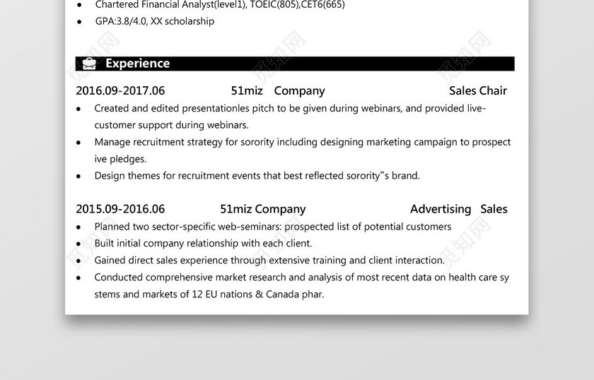 英文简历白黑素雅简约个人简历word模板 英文简历白黑素雅简约个人简历word模板