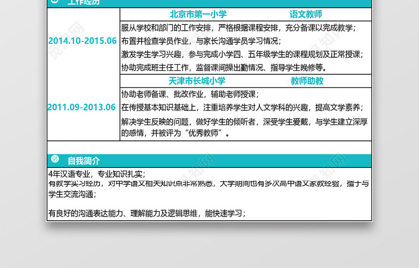 简历表格中学语文老师绿白excel模板 简历表格中学语文老师绿白excel模板