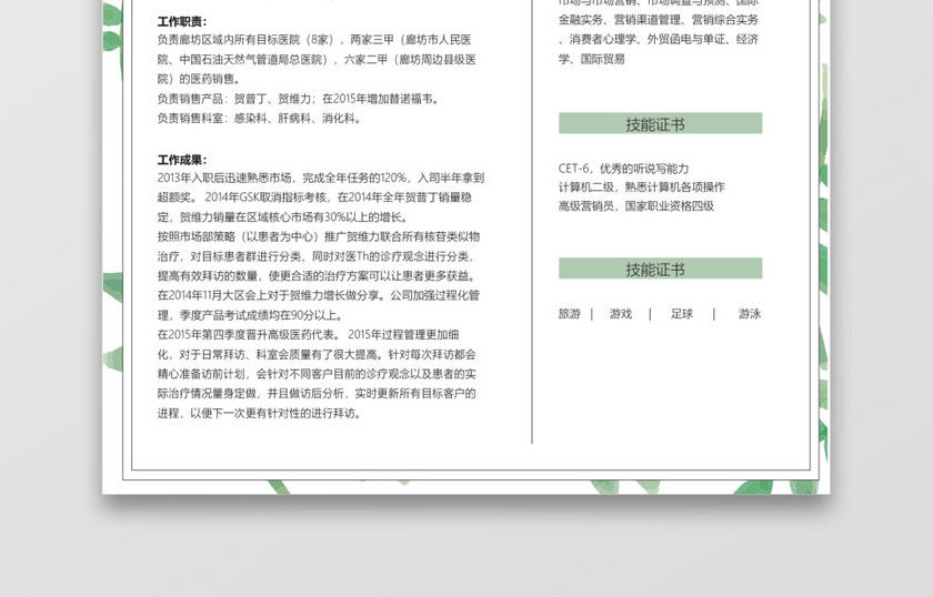 清新绿叶医药销售代表求职简历word简历 清新绿叶医药销售代表求职简历word简历