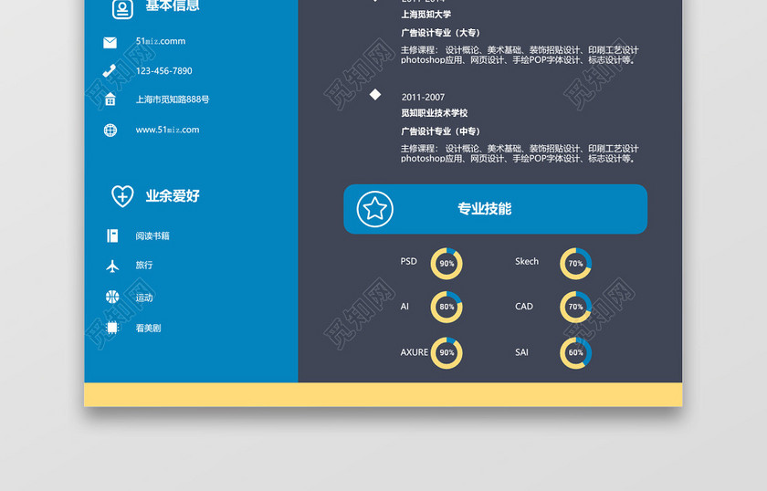 商务蓝黄平面设计师UI设计师求职简历word简历模板 商务蓝黄平面设计师UI设计师求职简历word简历模板