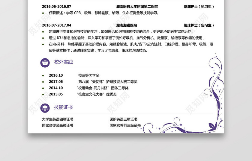 彩色护士个人模板简历 彩色护士个人模板简历