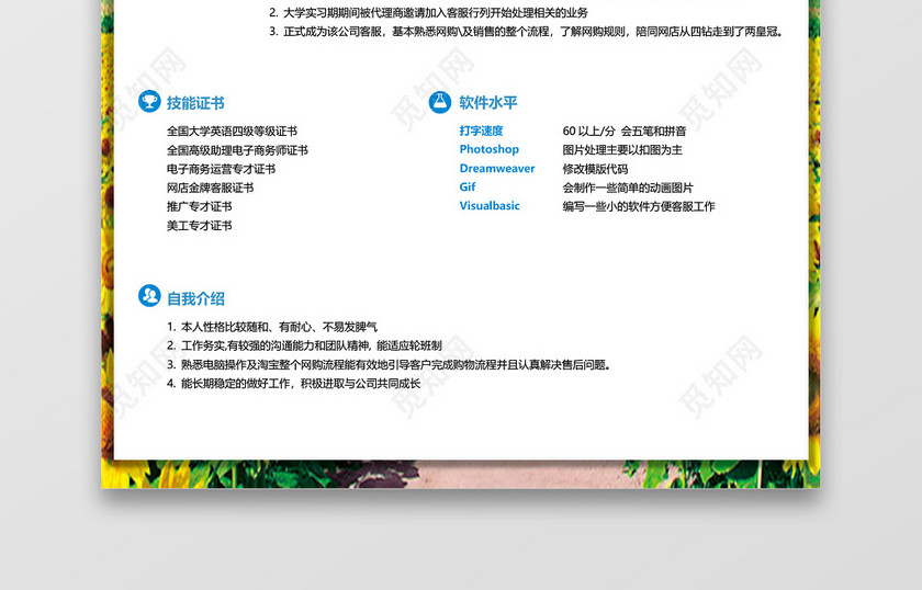 浅蓝色清新简约风客服求职简历 浅蓝色清新简约风客服求职简历