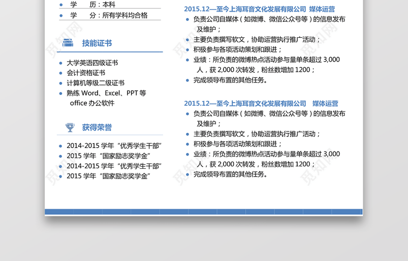 新媒体运营干净素净简历 新媒体运营干净素净简历