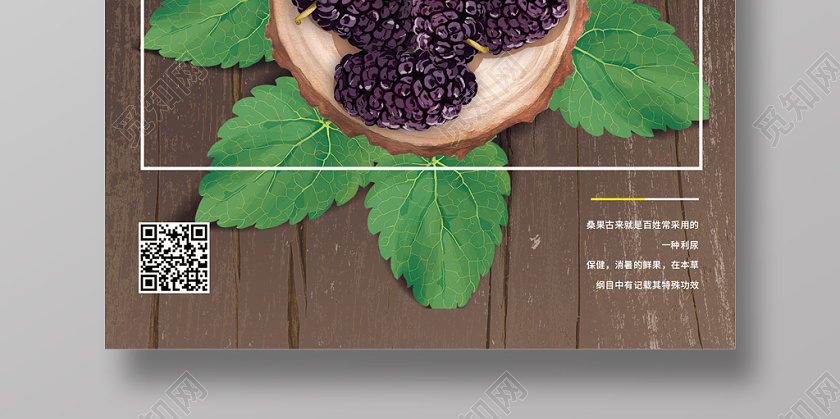 棕色木纹时尚手绘桑葚时令蔬果海报水果桑葚