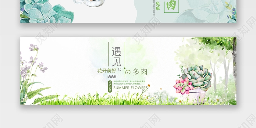 绿色清新春天手绘多肉植物绿叶淘宝电商banne背景小清新植物