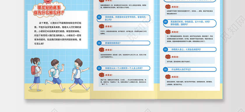 蓝色卡通新冠病毒答小朋友二十一问疫情小知识宣传三折页疫情折页 蓝色卡通新冠病毒答小朋友二十一问疫情小知识宣传三折页疫情折页